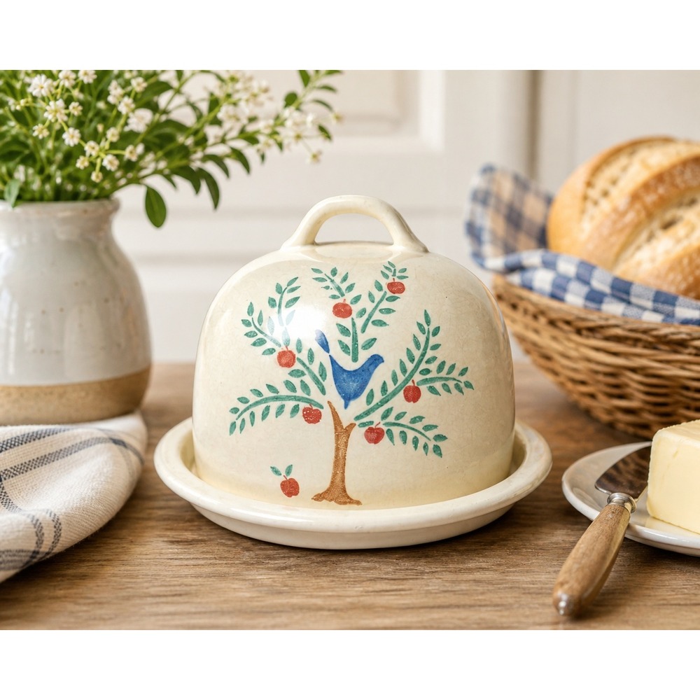 Vintage Ceramic Butter Dish Cheese Dome Tree of Life Bird Farmhouse Decor